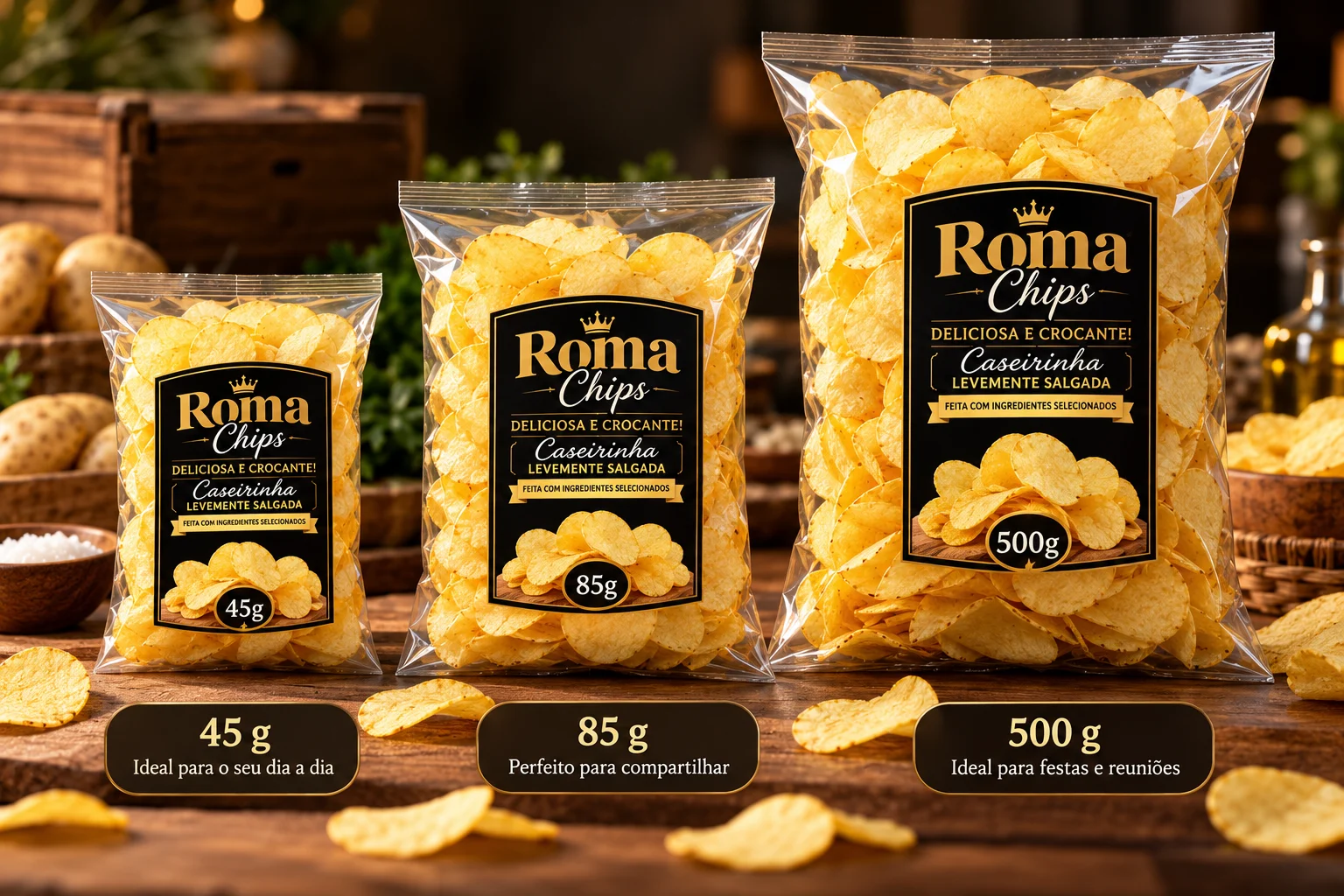 Representação ilustrativa das embalagens Roma Chips 45 g, 85 g e 500 g