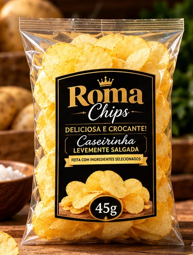 Ilustração da embalagem Roma Chips de 45 g, batatas lisas e rótulo preto e dourado