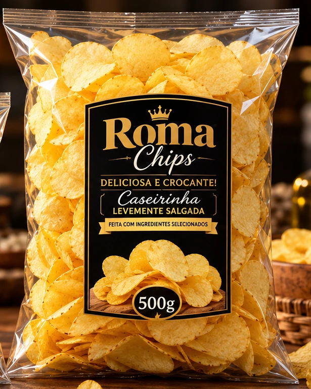 Ilustração da embalagem Roma Chips de 500 g, batatas lisas e rótulo preto e dourado