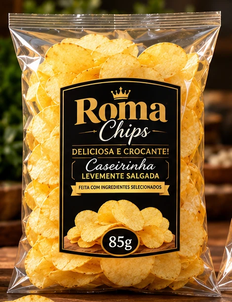 Ilustração da embalagem Roma Chips de 85 g, batatas lisas e rótulo preto e dourado
