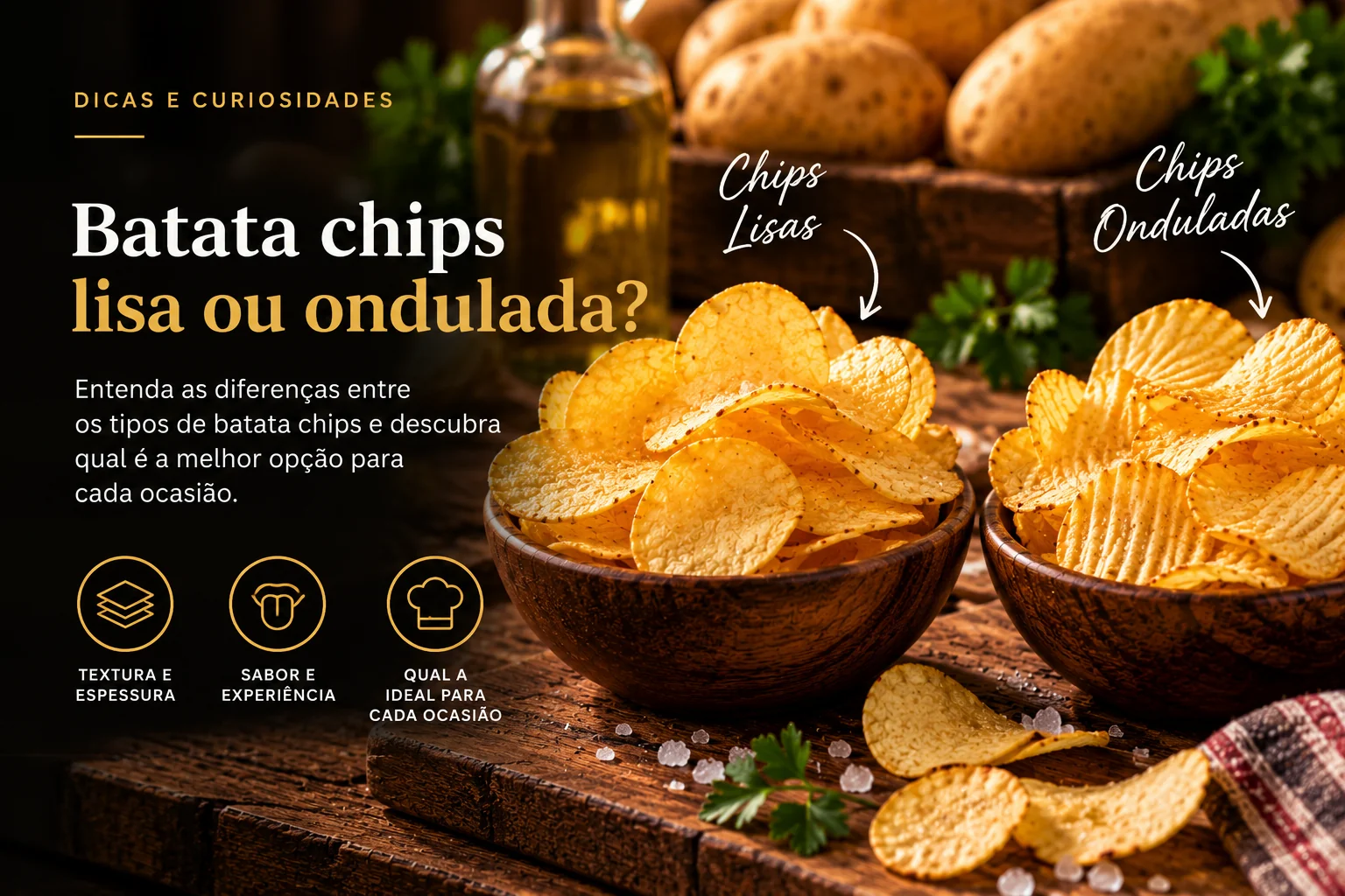 Ilustração sobre batata chips lisa ou ondulada: qual a diferença?